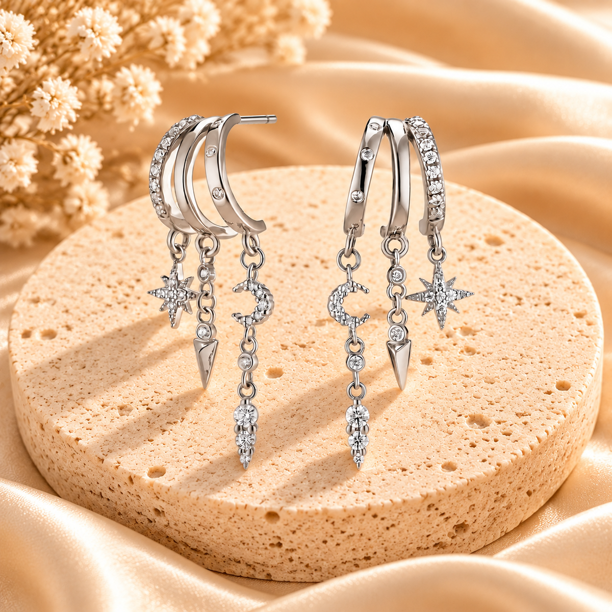 Celestial Star & Moon Dangle Hoop Earrings