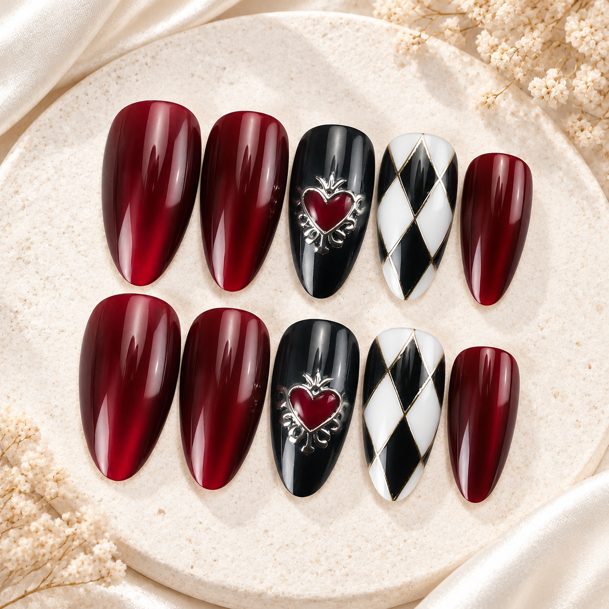 Burgundy Heart Press-On Nails