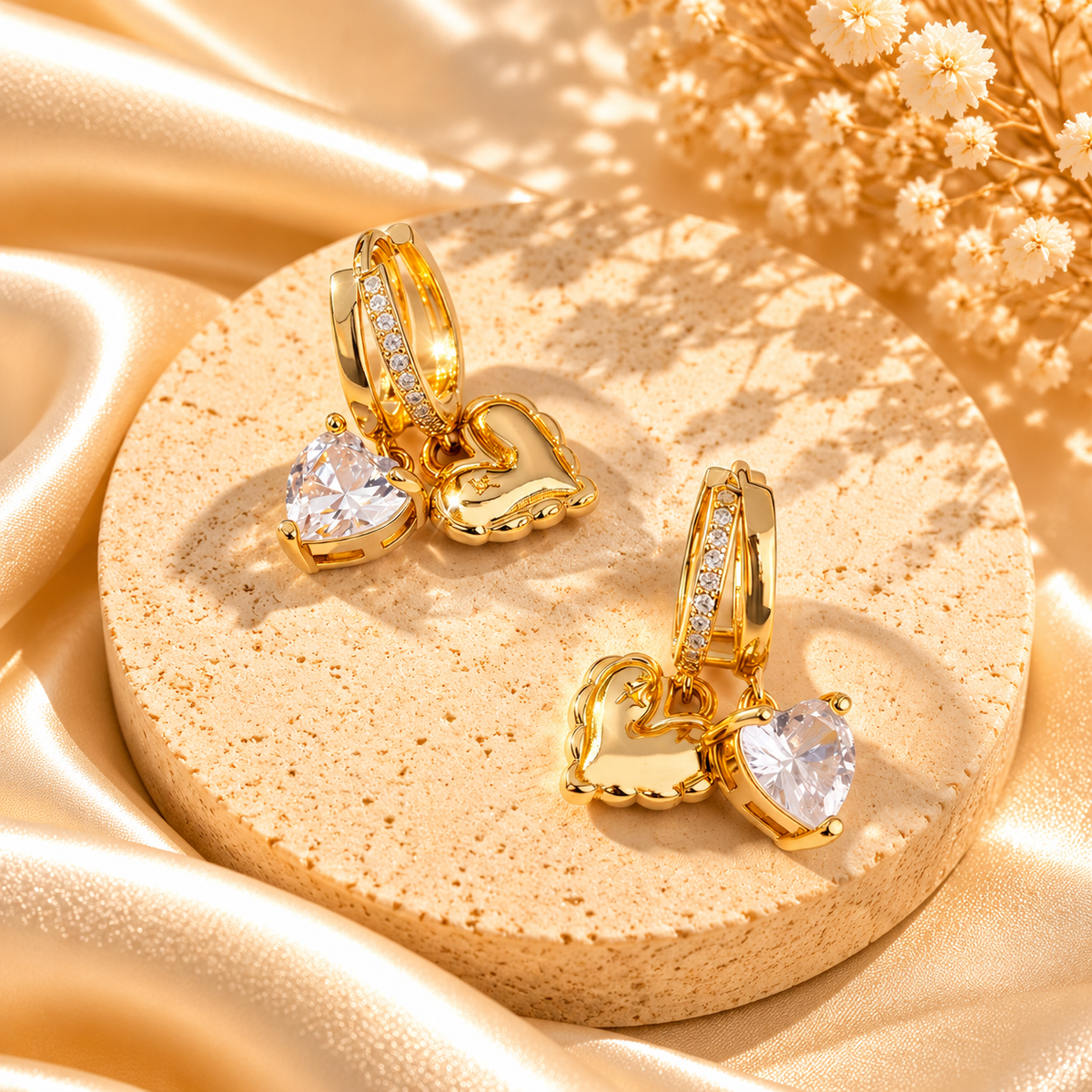 Gold Heart & Crystal Drop Earrings