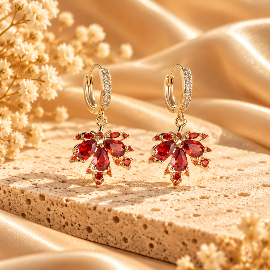 Ruby Red Crystal Maple Leaf Drop Earring