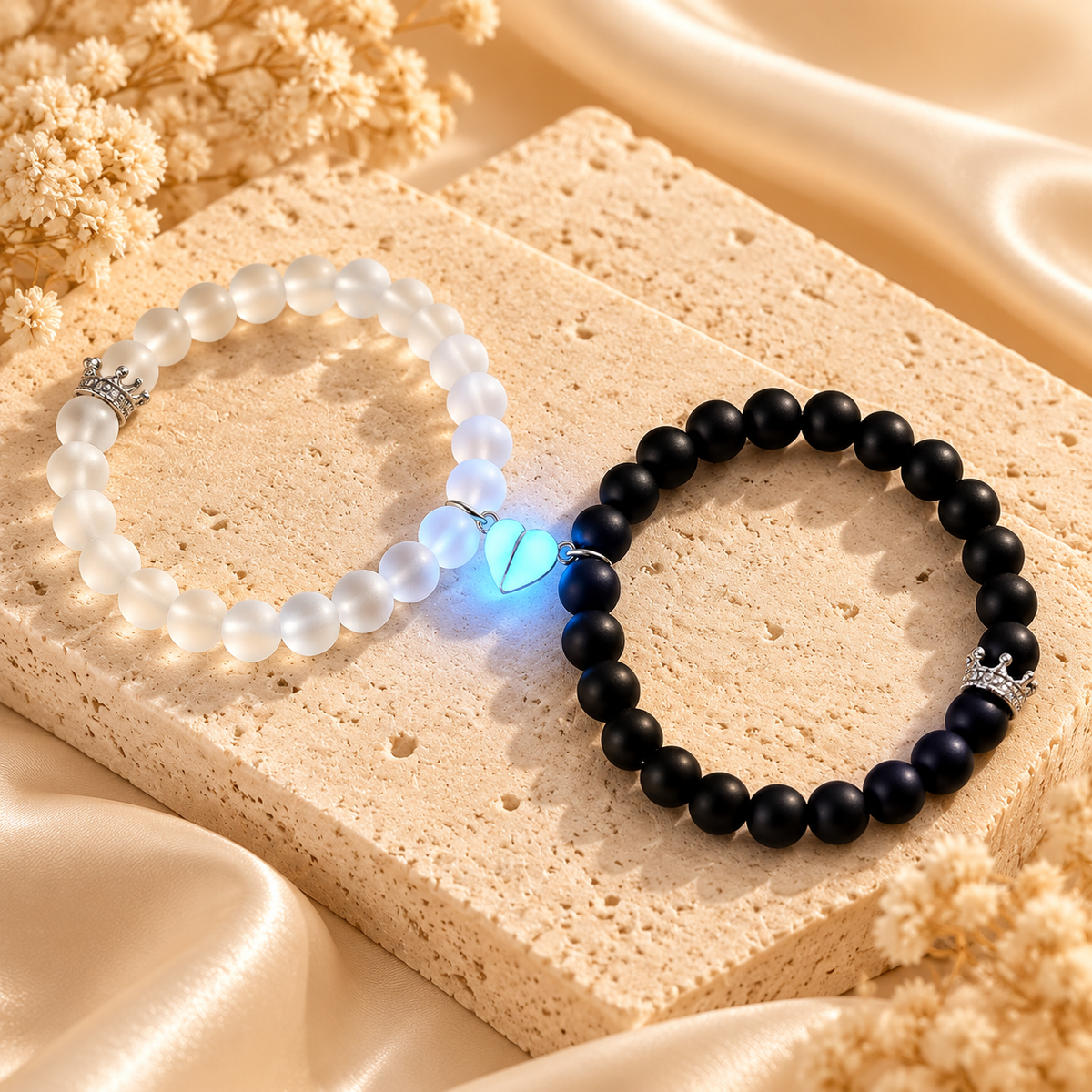Black & White Matching Crown Heart Bracelets2-Piece