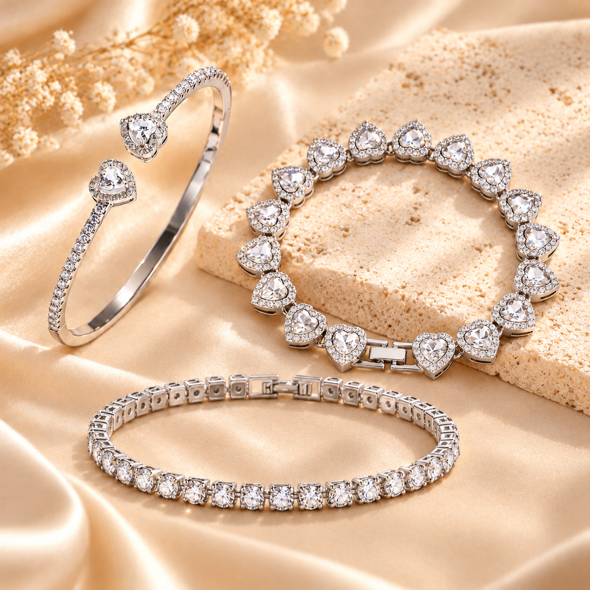 Sparkling Heart & Tennis Bracelet Set – 3 Pieces