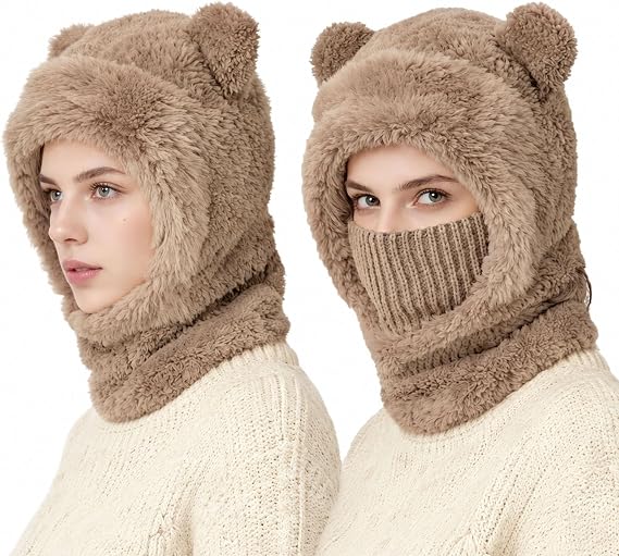 Teddy Bear Ear Fuzzy Balaclava Hat
