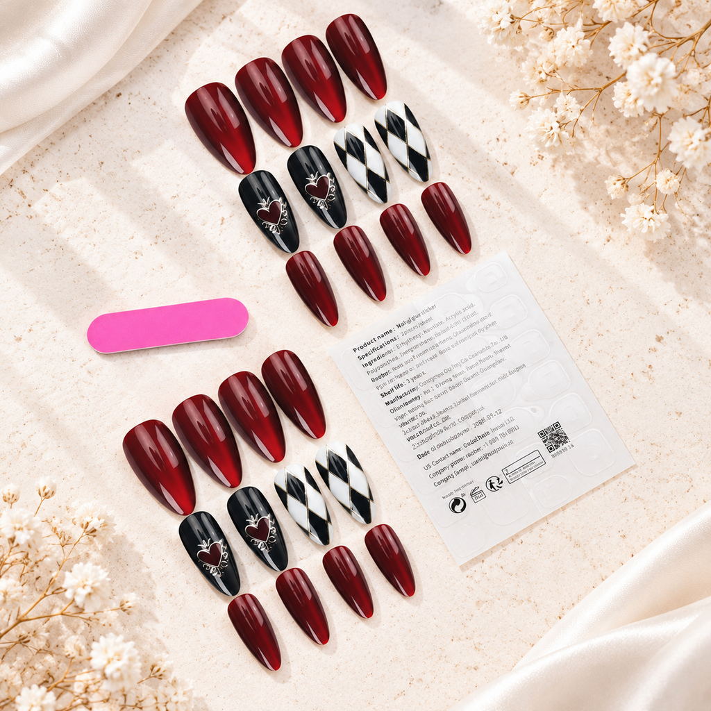 Burgundy Heart Press-On Nails