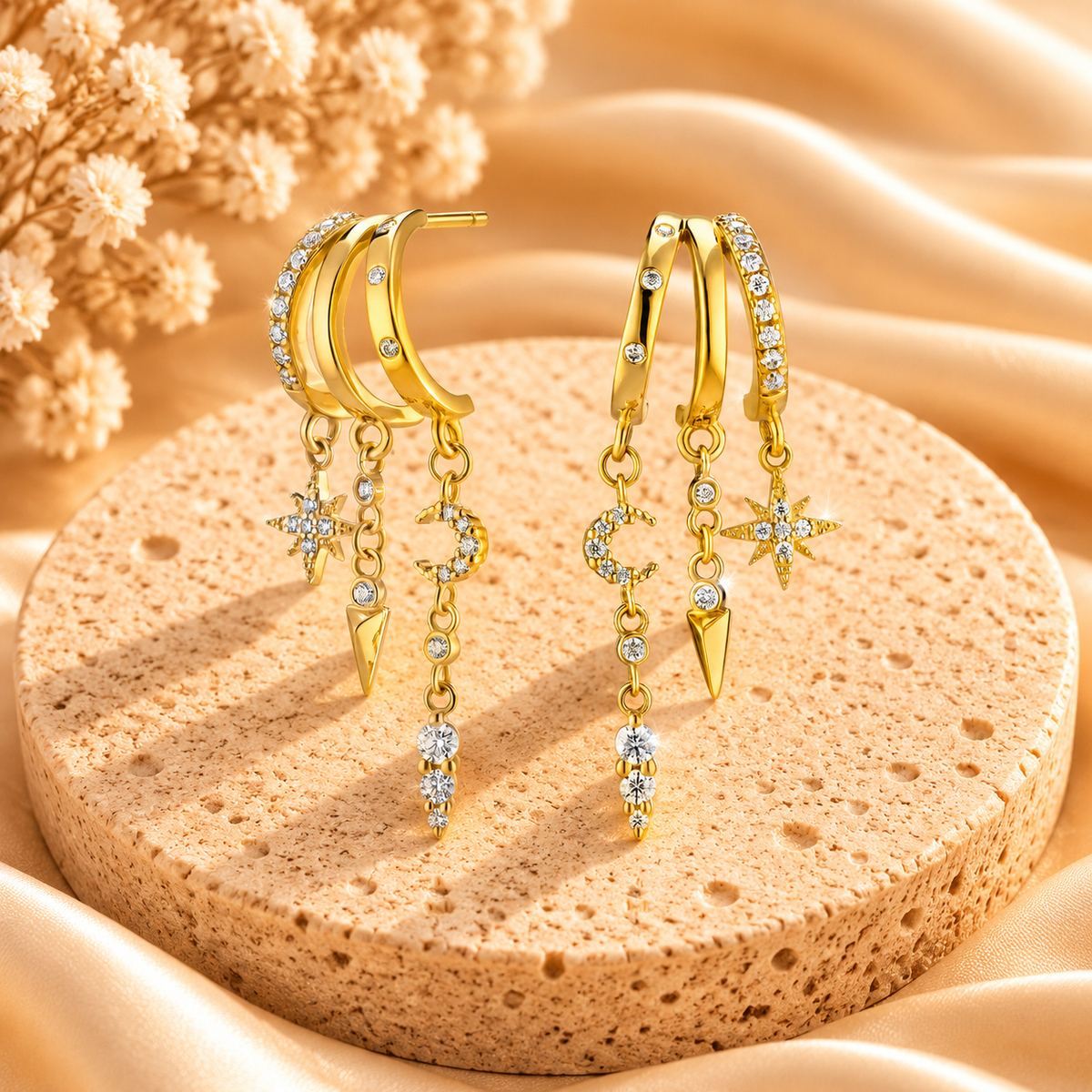 Celestial Star & Moon Dangle Hoop Earrings