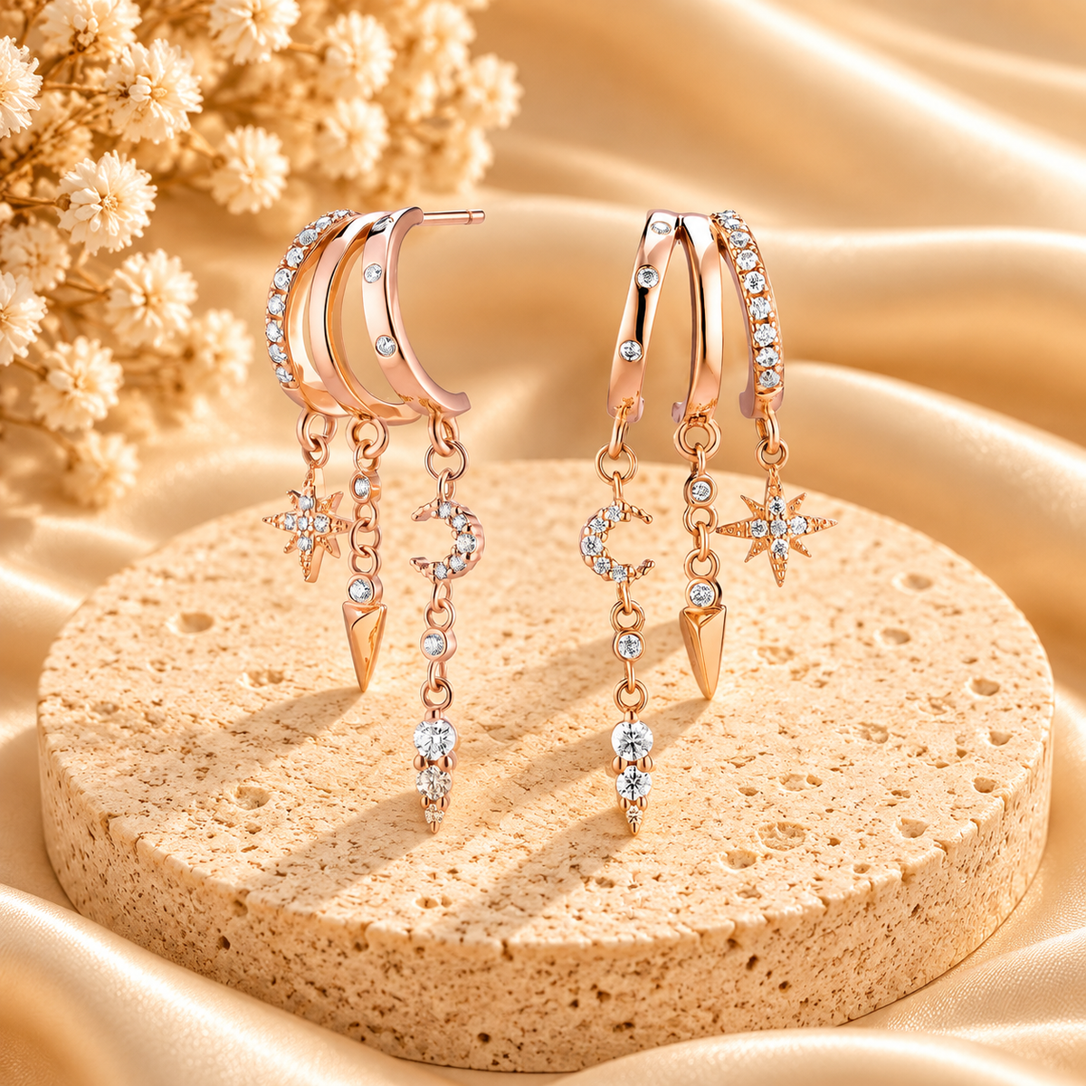 Celestial Star & Moon Dangle Hoop Earrings