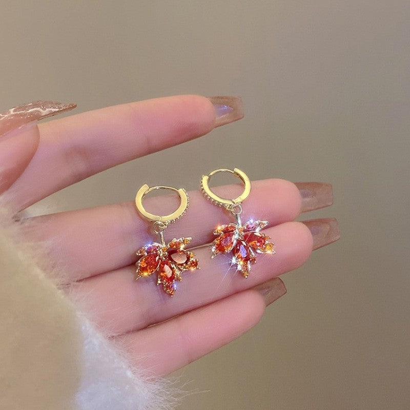Ruby Red Crystal Maple Leaf Drop Earring