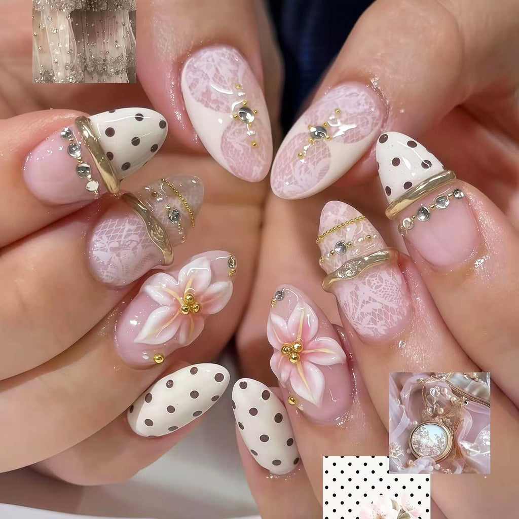Polka Dot Floral Nail Art Set with Pearl