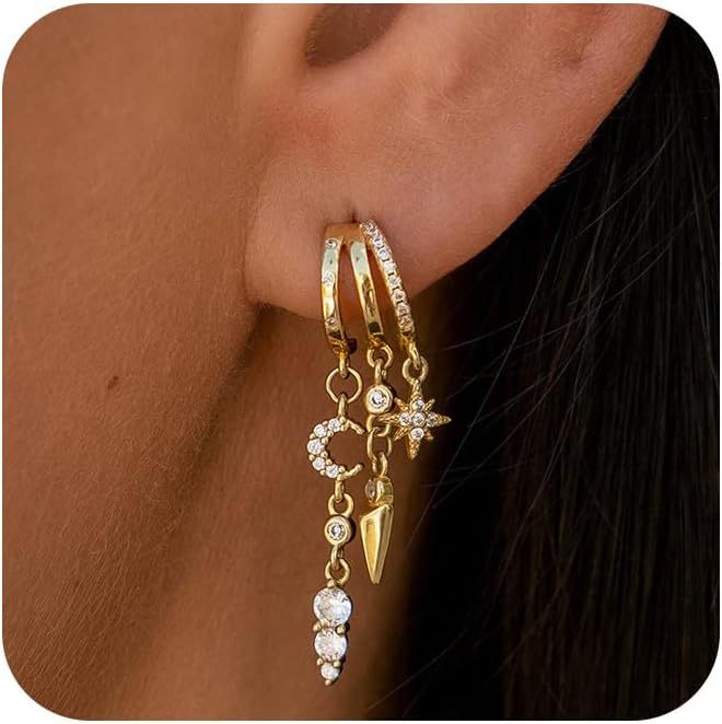 Celestial Star & Moon Dangle Hoop Earrings
