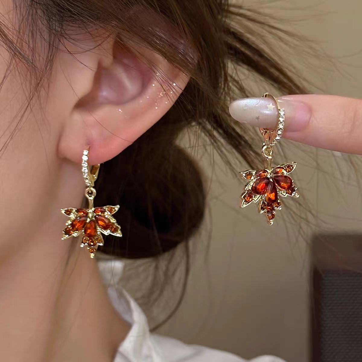 Ruby Red Crystal Maple Leaf Drop Earring