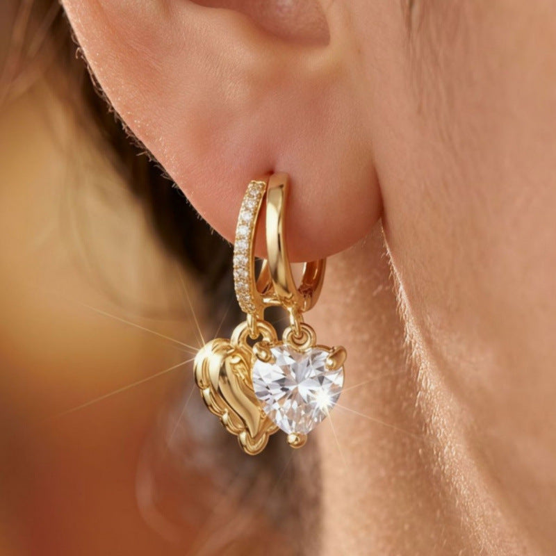 Gold Heart & Crystal Drop Earrings