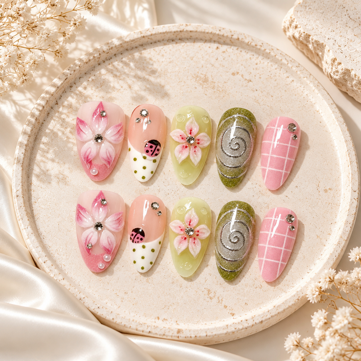 Floral & Ladybug Press-On Nails