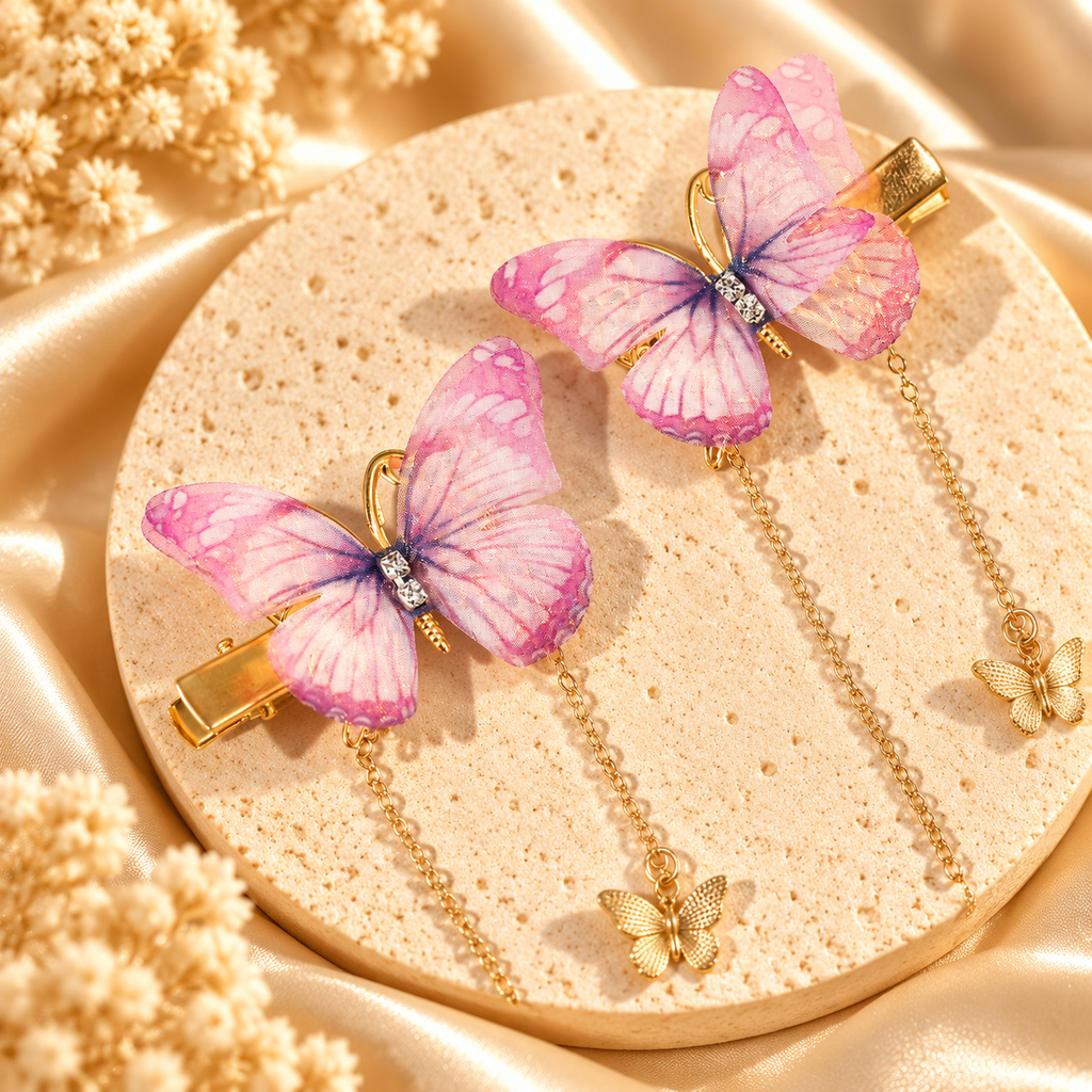 Pink Butterfly Dangle Hair Clips