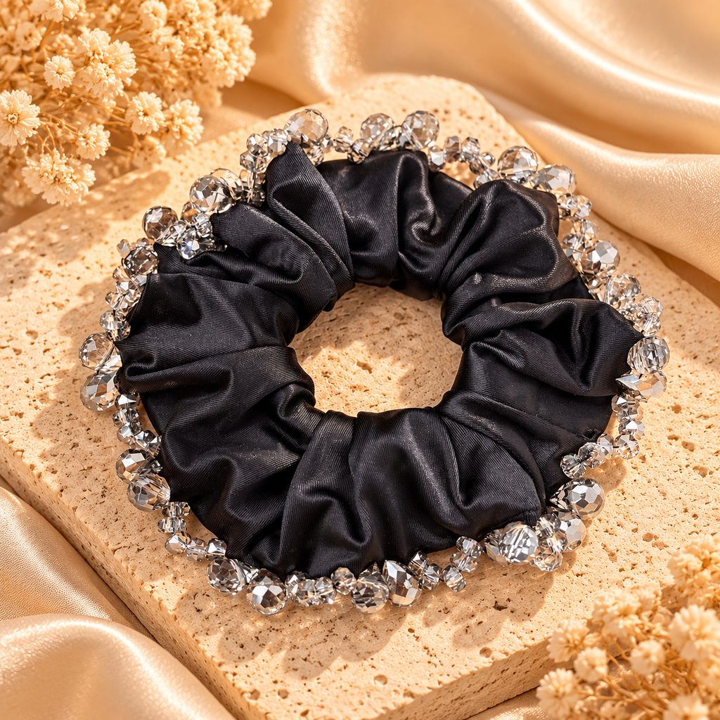 Crystal-Trim Satin Scrunchies – 2-Piece Set