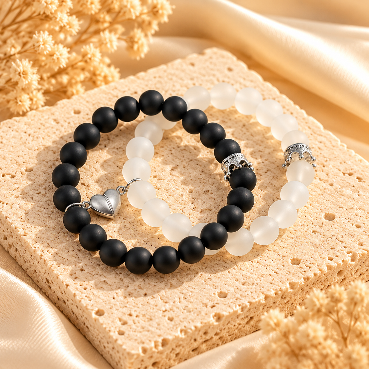 Black & White Matching Crown Heart Bracelets2-Piece