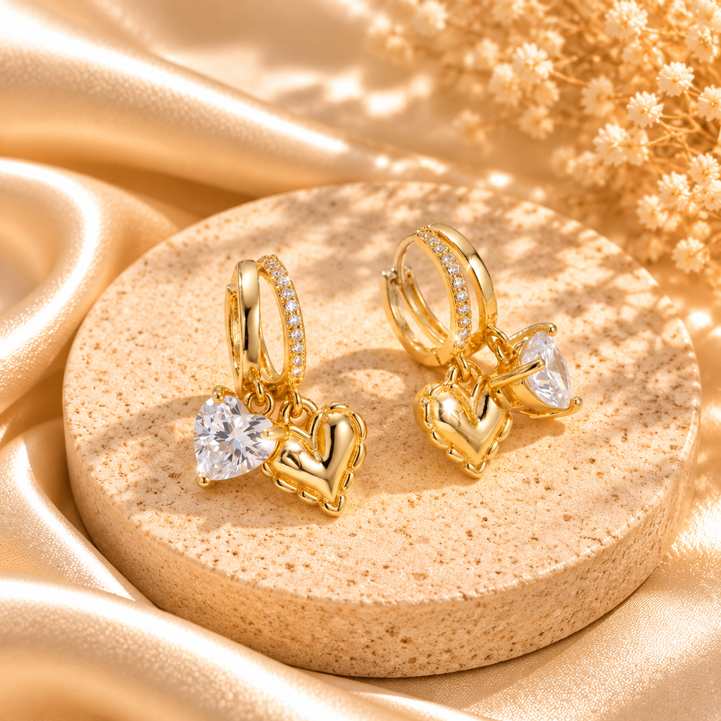 Gold Heart & Crystal Drop Earrings
