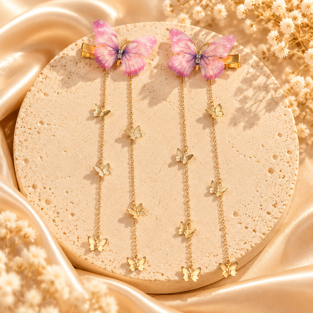 Pink Butterfly Dangle Hair Clips