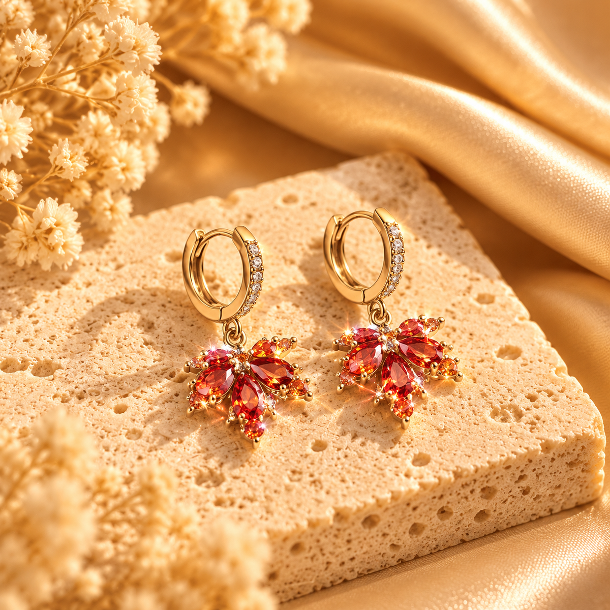 Ruby Red Crystal Maple Leaf Drop Earring